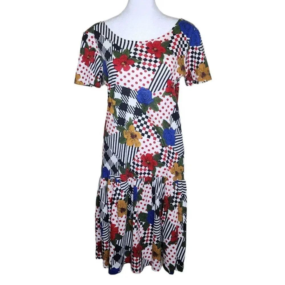 Vintage 90s Does 70s Drop Waist Dress Womens Size M White Multi Patchwork Floral